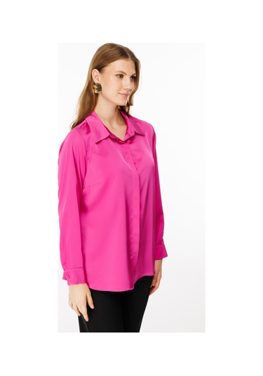 Ekol Kadın Büyük Beden Saten Gömlek 2579 Fuşya Fuşya