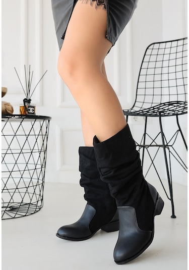Jolin Siyah Cilt Süet Detaylı Çizme Siyah