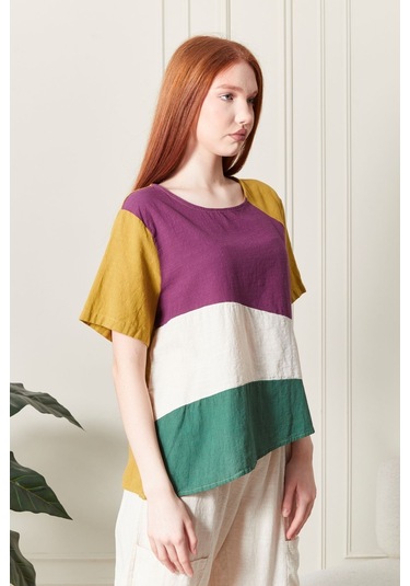 Keten Gökkuşağı Asimetrik Kesim Bluz Renkli Ve Şık Tasarım SAFRAN