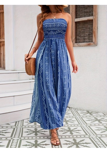 Soonaksesuar Kadın Yakası Gipe Detaylı Önden Yırtmaç Detaylı Desenli Süprem Pantolunetek Tulum Mavi