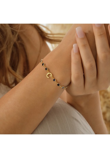Queen Silver Jewelry  925 Ayar Gümüş Harf Bileklik Mavi Renk Geçişli Tamtur Altın