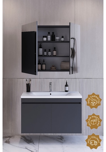 Teta Home Tokyo 80 Cm Mdf Banyo Dolabı Seti Antrasit Antrasit
