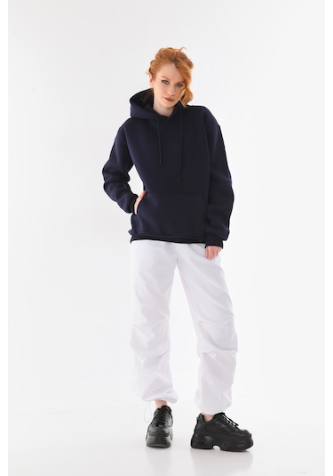 Everest Everst Kapüşonlu 3 İplik Şardonlu Cepli Sweatshirt Lacivert