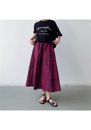 Qooth Kadınlar Rahat 8 Renk Büyük Ekose A-line Etek Tembel Elastik Bel Büyük Salıncak Uzun Etek Bahar Yaz Qt2055 Bordo