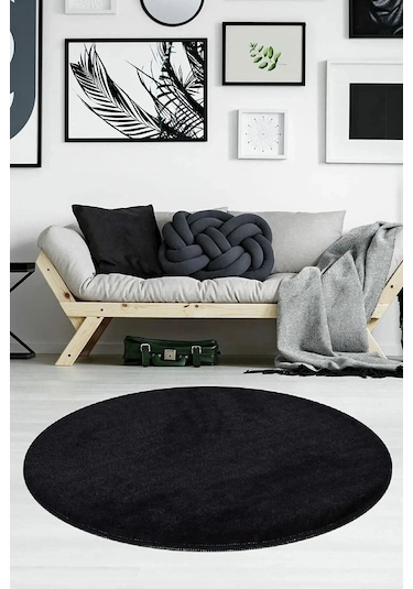 Raschel Carpet Siyah Lüks Raschel Taban Yıkanabilir Kaymaz Taban Yuvarlak Peluş Halı Yolluk Siyah