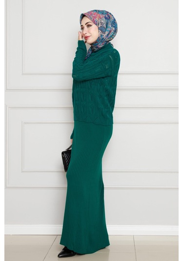 Dantel İşlemeli Jileli Triko Takım-zümrüt Yeşili-4437 Zümrüt Yeşili