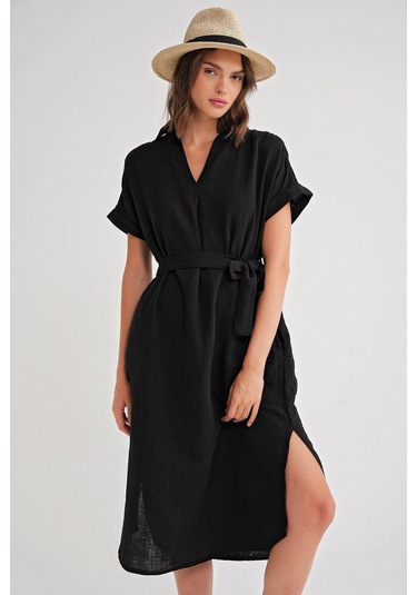4720 Kadın Pile Detaylı Bağlamalı V Yaka Müslin Elbise Siyah Siyah
