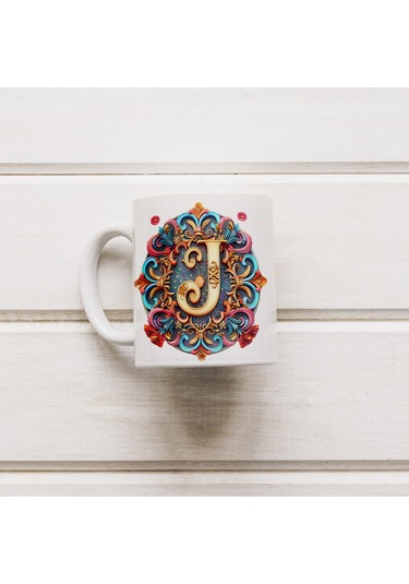 J Harfi Boho Bardak, Renkli Özel Tasarım Hediyelik Harfli Kupa, 330ml Porselen Beyaz