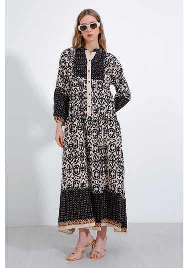 Bigdart Kadın Siyah Krem Desenli Viskon Tesettür Elbise 2423 001