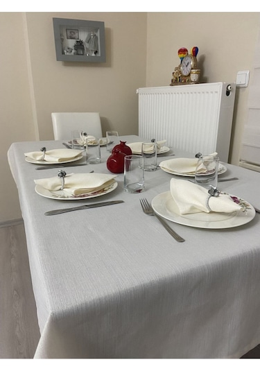 Keten Görünümlü Dertsiz Simli Masa Örtüsü Bej