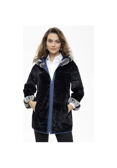 Mavi Perla Geniş Kesim İçi Kumaş Çift Taraflı Kapüşon Ve Kol Ağzı Kürklü Kadın Hakiki Deri Kaban-mavi Mavi