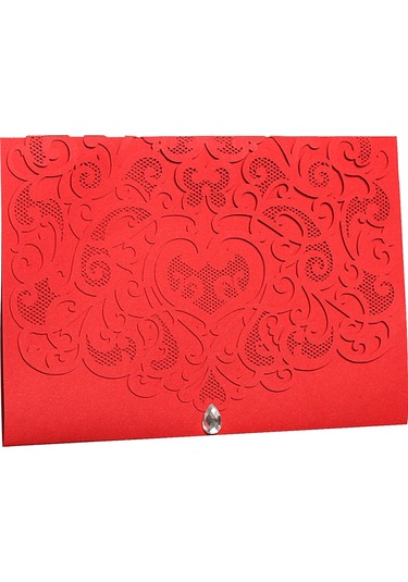 Shineyee 10 Adet Kırmızı Kristal Açık Desenli Düğün Davetiyesi Zarf + Kılıf + Boş İç Sayfa