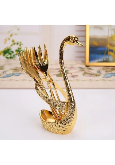 Reedark Kuğu Desenli Lüks Paslanmaz Çelik Çatal Kaşık Takımı - 6 Parça Altın