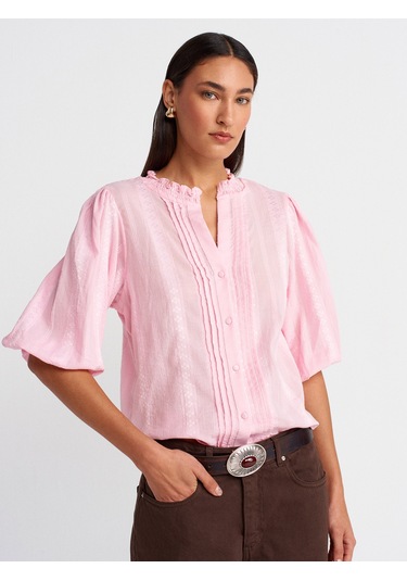 Dilvin 5807 Nervür Detaylı Balon Kol Gömlek-açık Pembe Açık Pembe
