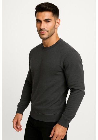 Erkek Antrasit Sweatshirt-W1083-F1 2 İplik Şardonsuz