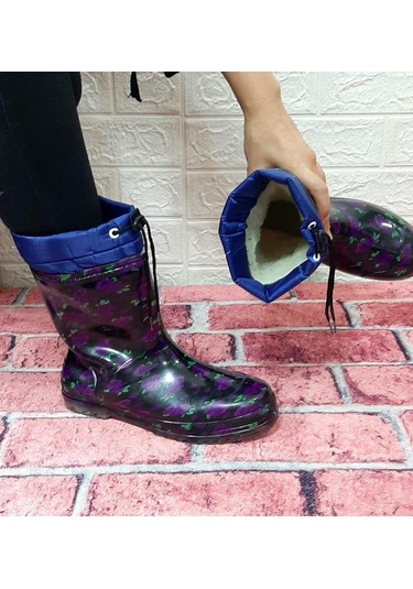 Çağrı Mor Çiçekli Siyah İçi Yünlü Kar Yağmur Çizmesi 001