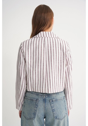 4641 Kadın Keten Çizgili Crop Ceket Bordo Bordo