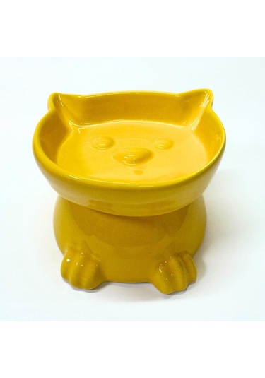 Pawstar Ayaklı Kedi Kafa Figürlü Seramik Mama Kabı 300 Ml - Sarı