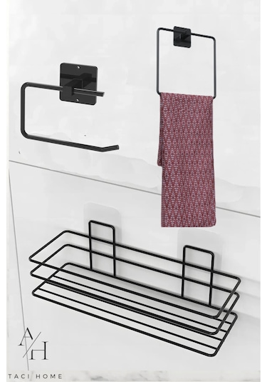 Atacı Paslanmaz 3'lü Set Yapışkanlı Banyo Düzenleyci Duşakabin Şampuanlk Banyo Rafı Wc Kağıtlık Ve Havlu Siyah