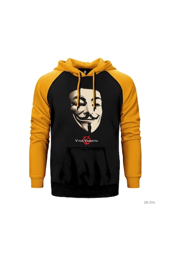 V For Vendetta Maske Sarı Reglan Kol Kapşonlu Sweatshirt Sarı