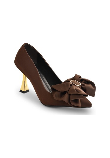 Kadın Gold Topuk Saten Fiyonk Detaylı Topuklu Ayakkabı Kahverengi