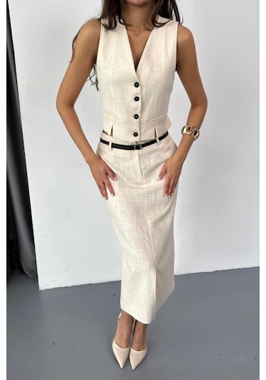 Yelek-önden Yırtmaçlı Etek Tk Şantuk Keten - Ham Ham