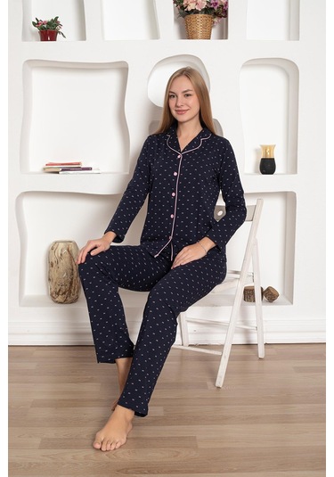 Boydan Düğmeli Gömlek Yaka Uzun Kol Kadın Pijama Takımı - Desenli Pamuklu Likralı Penye Cepli Alt Lacivert