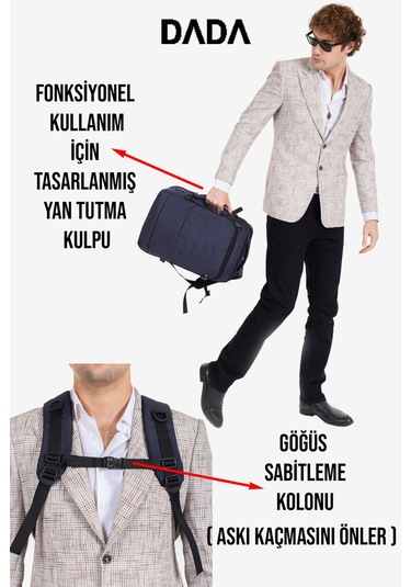 Körüklü Laptop Sırt ve Seyahat Çantası 15,6 İnç 40 Litre Usb Su Geçirmez Kumaş Lacivert Dada 12