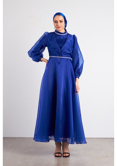 Livanomi Beli Taşlı Saks Tesettür Abiye Elbise Saks
