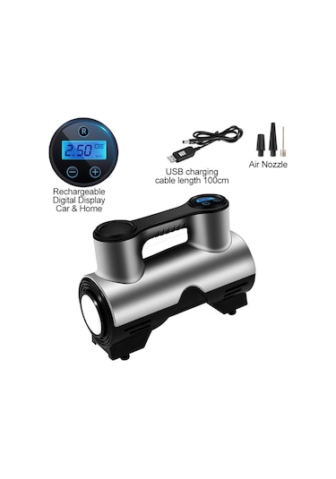 Wezone St-211 Dijital Göstergeli Akıllı Lastik Pompa, Otomatik Kesme Ve Led Işık, Ev/araç Kullanıma Uygun, Usb Şarjlı, 3 Fişli, Gri-siyah