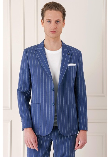 Comfort Fit Çift Yırtmaç İtalyan Çizgili Keten Casual İndigo Ceket C 671 Indıgo