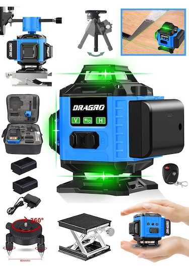 DRG-TLZR128 128 Vf Mavi 12 Köşe Otomatik Hizalama Lazer Metre 360 Derece Yatay Dikey Çapraz Kumandalı Çantalı
