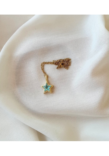 Yıldız Altın Kaplama Zirkon Mavi Taşlı Kolye Metalik