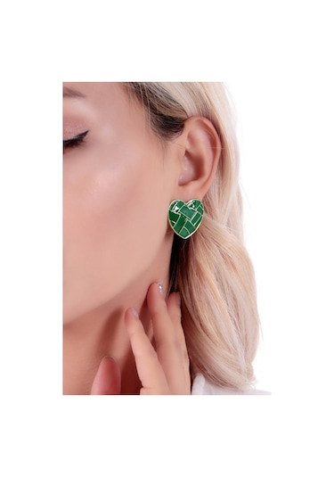 Bhs Life 925 Ayar Kadın Gümüş Kalp Yeşil Desenli Seramik Küpe Yeşil