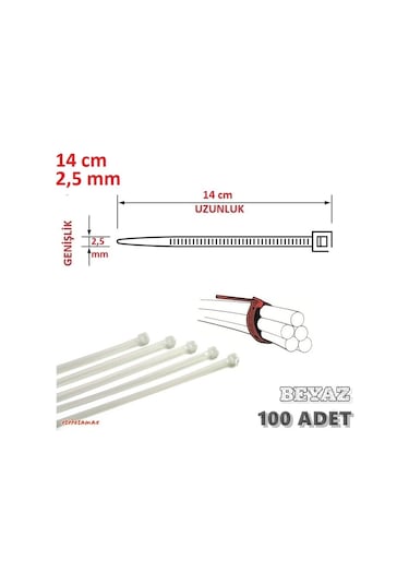 100 Adet 14Cm X 2.5Mm Plastik Kelepçe Beyaz Kablo Bağı