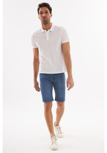 Erkek Yıpratmalı Slim Fit Likralı Kot Jean Şort Mavi