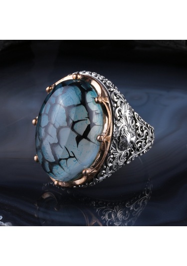 925 Ayar Gümüş Damarlı Yemen Akik Taşlı El İşçiliği Erkek Yüzük Silver