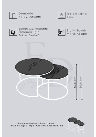 Paris Orta Sehpa 2'li Beyaz Metal - Atlantik Çam Tabla