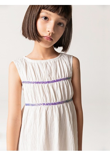 Sheshe Büzgülü Beyaz Kolsuz Kız Çocuk Elbise Renkli