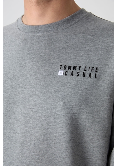Tommy Life Gri Melanj Casual O Yaka Lastik Paça Pamuklu Erkek Oversize Eşofman Takımı - 85120 GRİ MELANJ