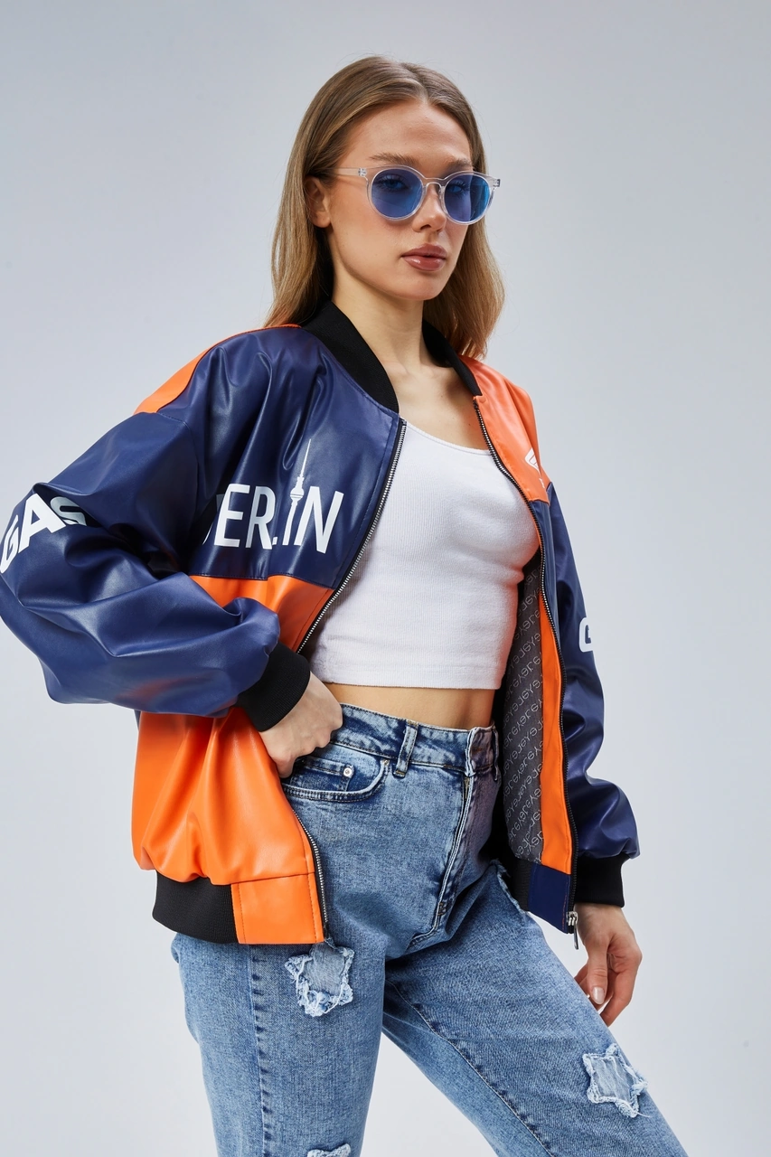 Kadın Oversize Baskılı Deri Motorcu Montu Fermuarlı Yarışçı Ceket Astarlı Bomber Kolej Mont Lacivert