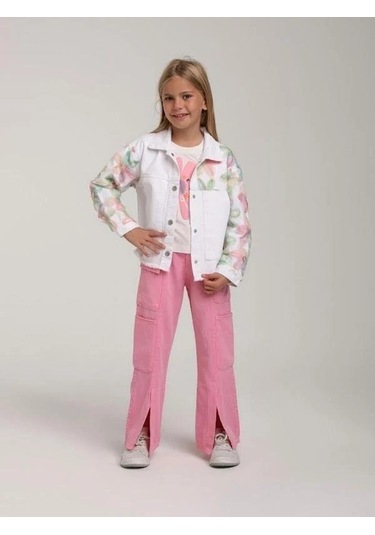 Kız Çocuk Tasarım Çiçekli Kot Ceket-15577 Beyaz