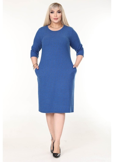 Çift Cepli Kışlık Büyük Beden Esnek Elbise 1d-2629 Mavi