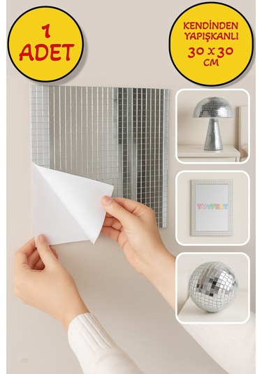 1 Li Kendinden Yapışkanlı Ayna Mozaik Disco Sticker Duvar Çerçeve Eşya Dekoratif Kaplama 30x30 Cm Gümüş