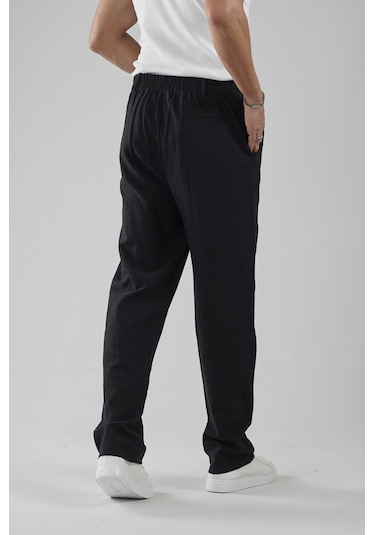 Baggy Fit Kalıp Pamuklu Keten Pantolon Siyah