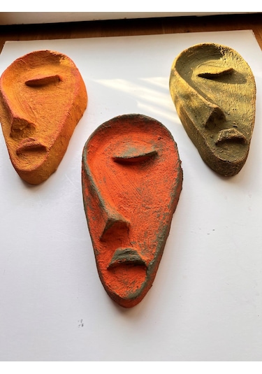 Özel Tasarım El Yapımı Heykel Soyut Yarım Yüz Maske 3'lü Set, Duvar Dekor, Ev-ofis Dekor