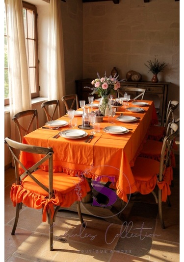 Turuncu Renk El Yapımı Buldan Yıkanmıs Keten 4 Tarafı Fırfırlı Sandalye Minderi Turuncu