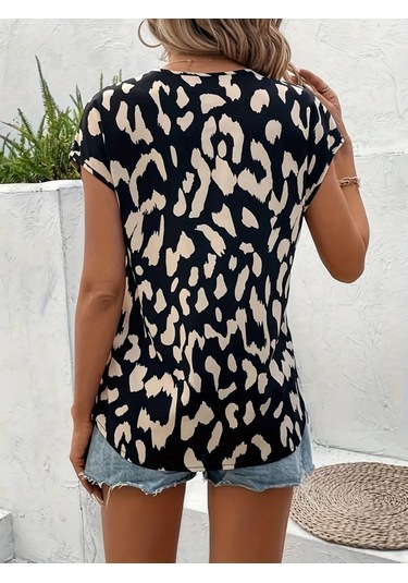 Sensuelle Kadın Kısa Kollu V Yakalı Desenli Süprem Bluz Desenli