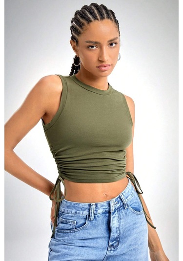 Merry See Yanları Büzgülü Kolsuz Bluz Crop Top Atlet Yeşil