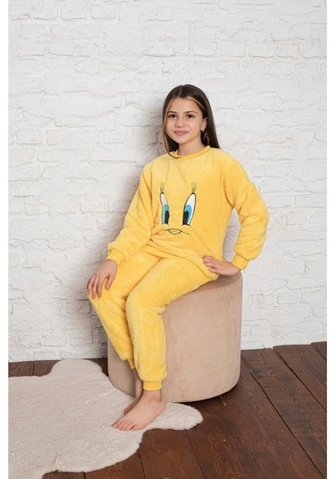 Civciv Desenli Anne Kız Çocuk Kombin Peluş Pijama Takımı Anne Kız Ayrı Satılır. Sarı